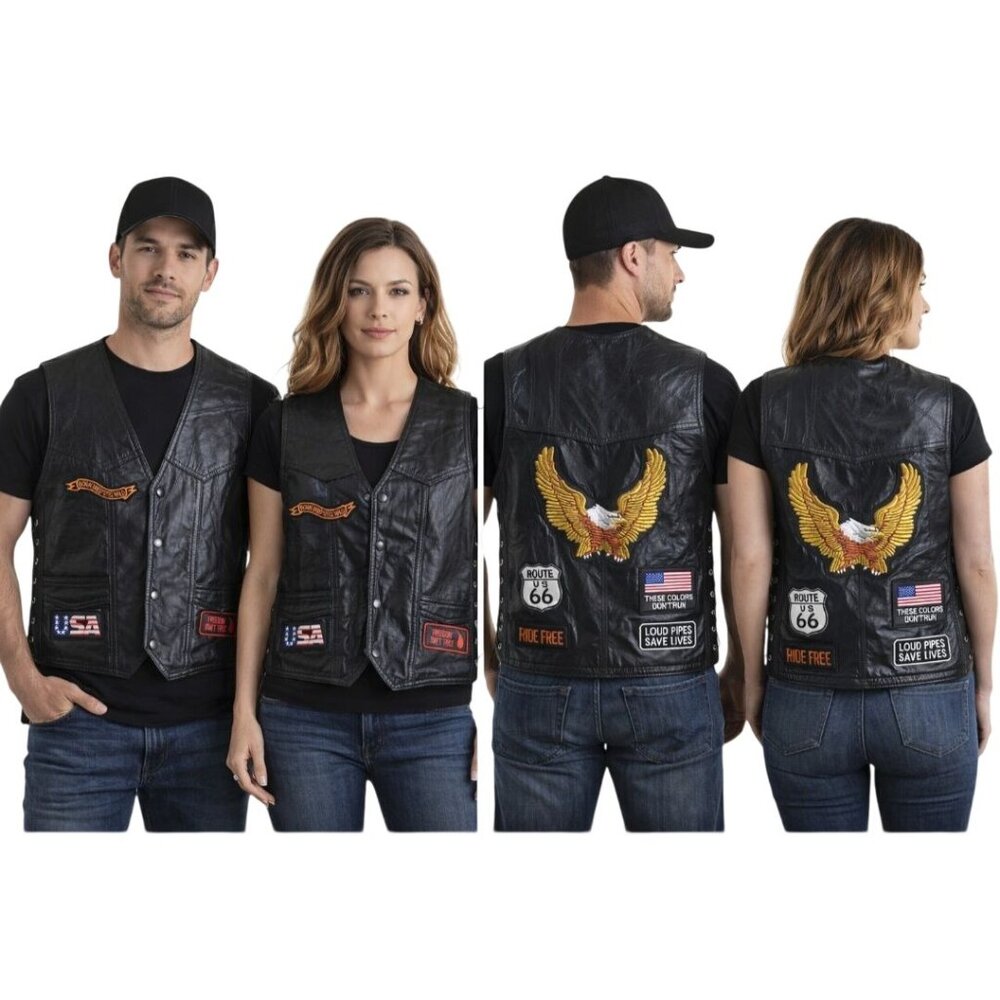 Buffalo Leather Biker Vest Patches Lace-Up Sides Snap Closure Unisex Size M